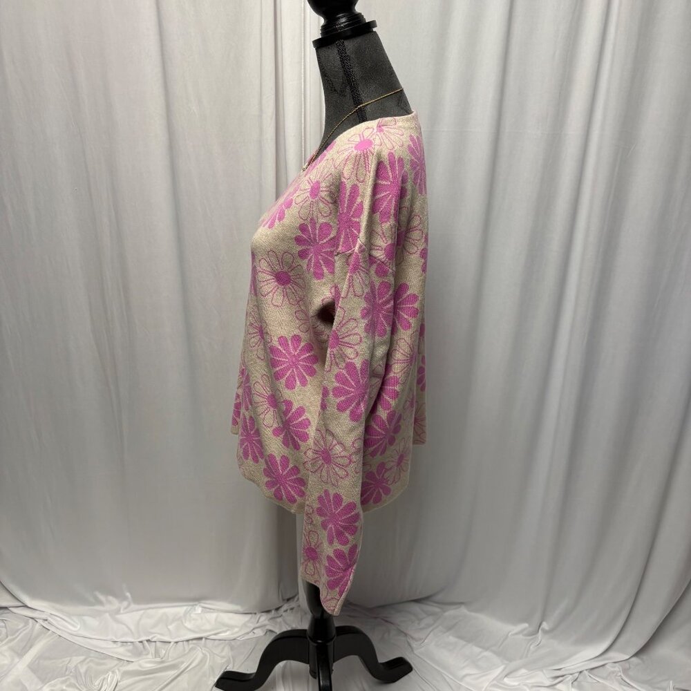 Rachel Zoe Sweater Womens Sz Large Pink Beige Floral Long Sleeve Retro Whimsical - Picture 3 of 7